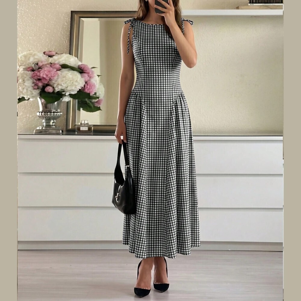 Black and White Gingham Tie Shoulder A-Line Maxi Dress